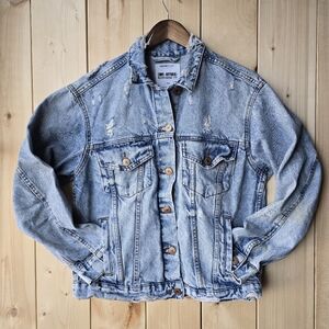 Garage Boyfriend Denim Jacket   Blue Distressed Womens Small
